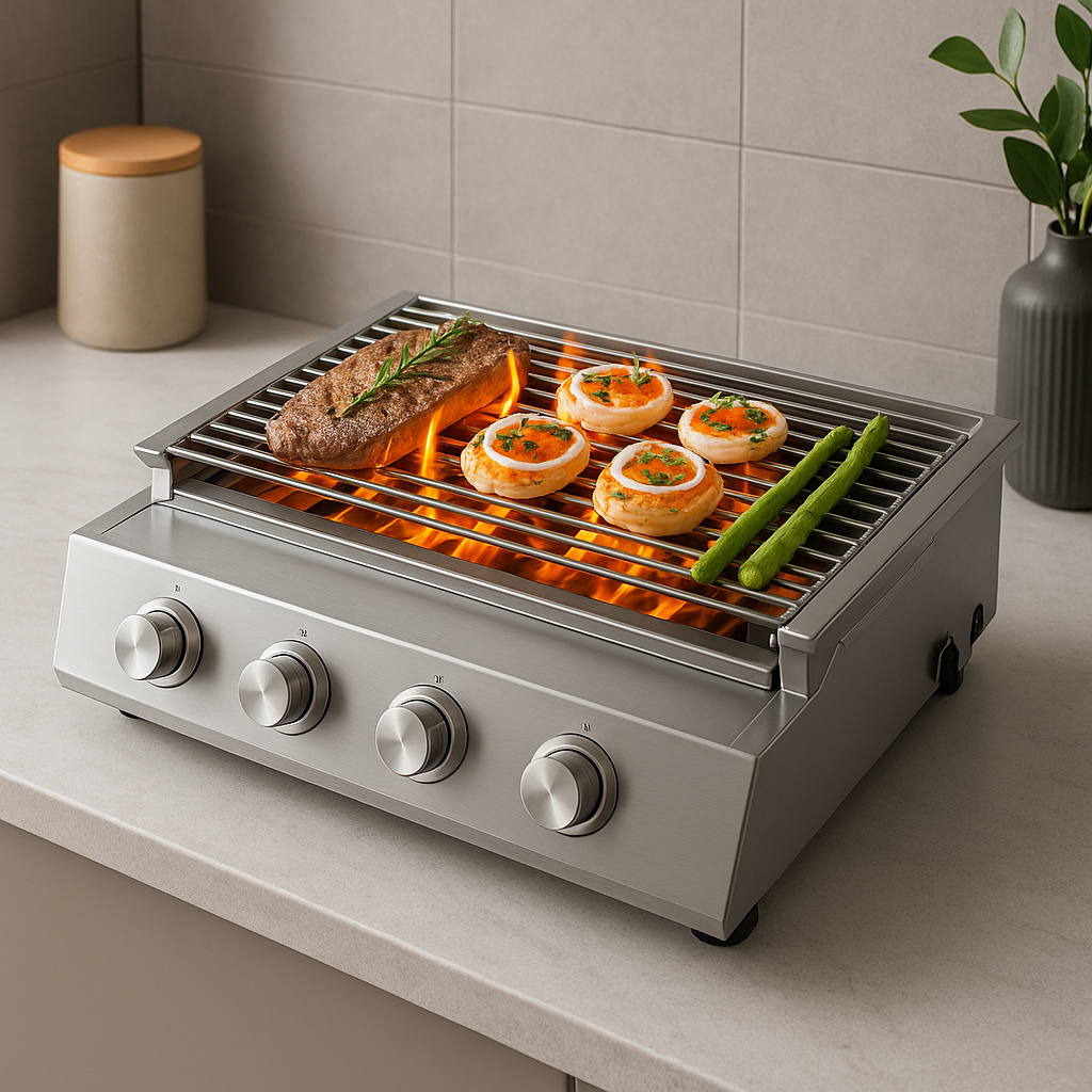 🔥 Grill Sans Fumée 4 Brûleurs – Barbecue d’Intérieur & Extérieur en Inox